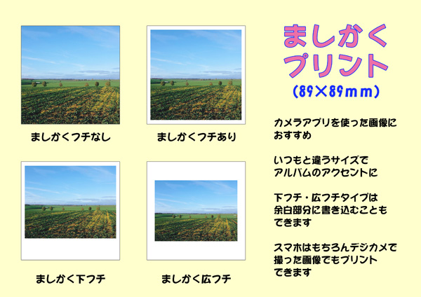 89×89mmのましかくサイズにプリントすれば
いつもの写真が違った雰囲気に仕上がります。